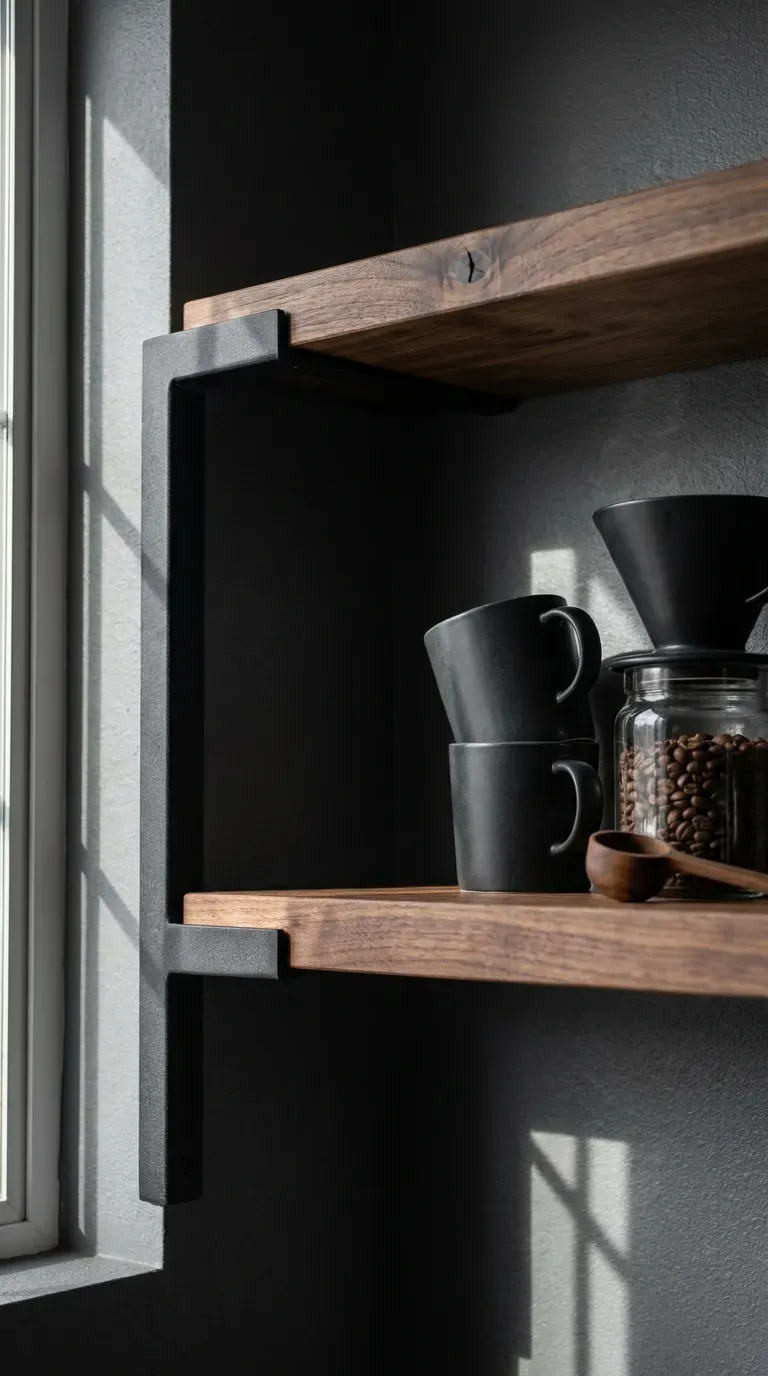 matte black metal frame corner kitchen shelves with dark wood planks and coffee mugs