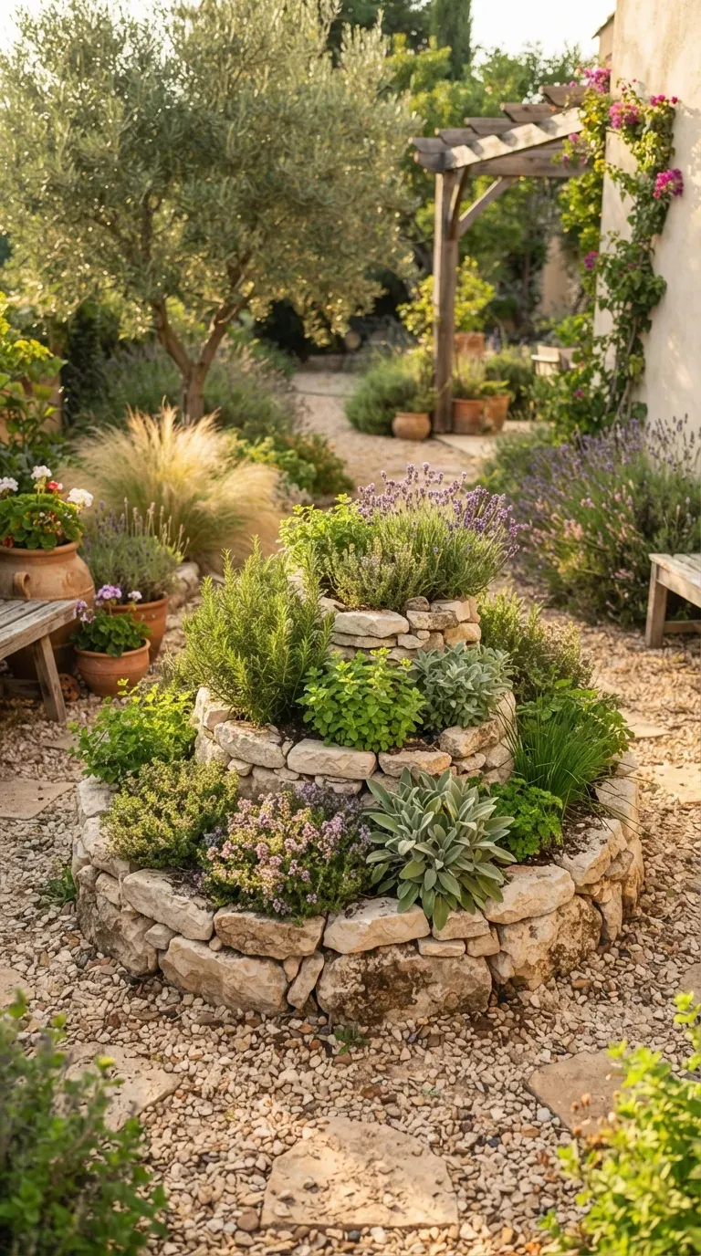 Sunny Mediterranean herb spiral filled with rosemary lavender thyme and oregano.