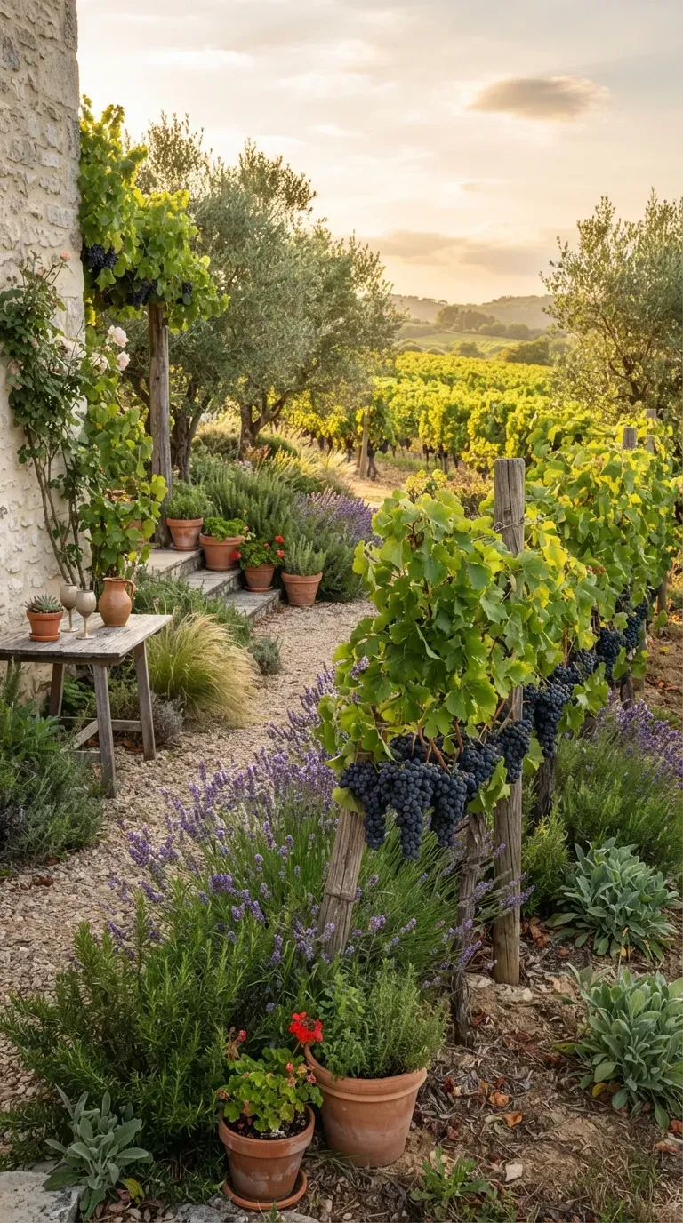 Sunny Mediterranean vineyard garden with grapevines lavender olive trees and terracotta.