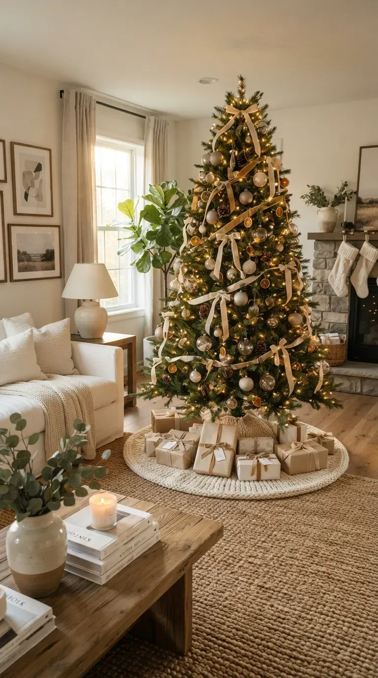 Festive home shelves decorated with miniature trees candles ornaments and Christmas accents.