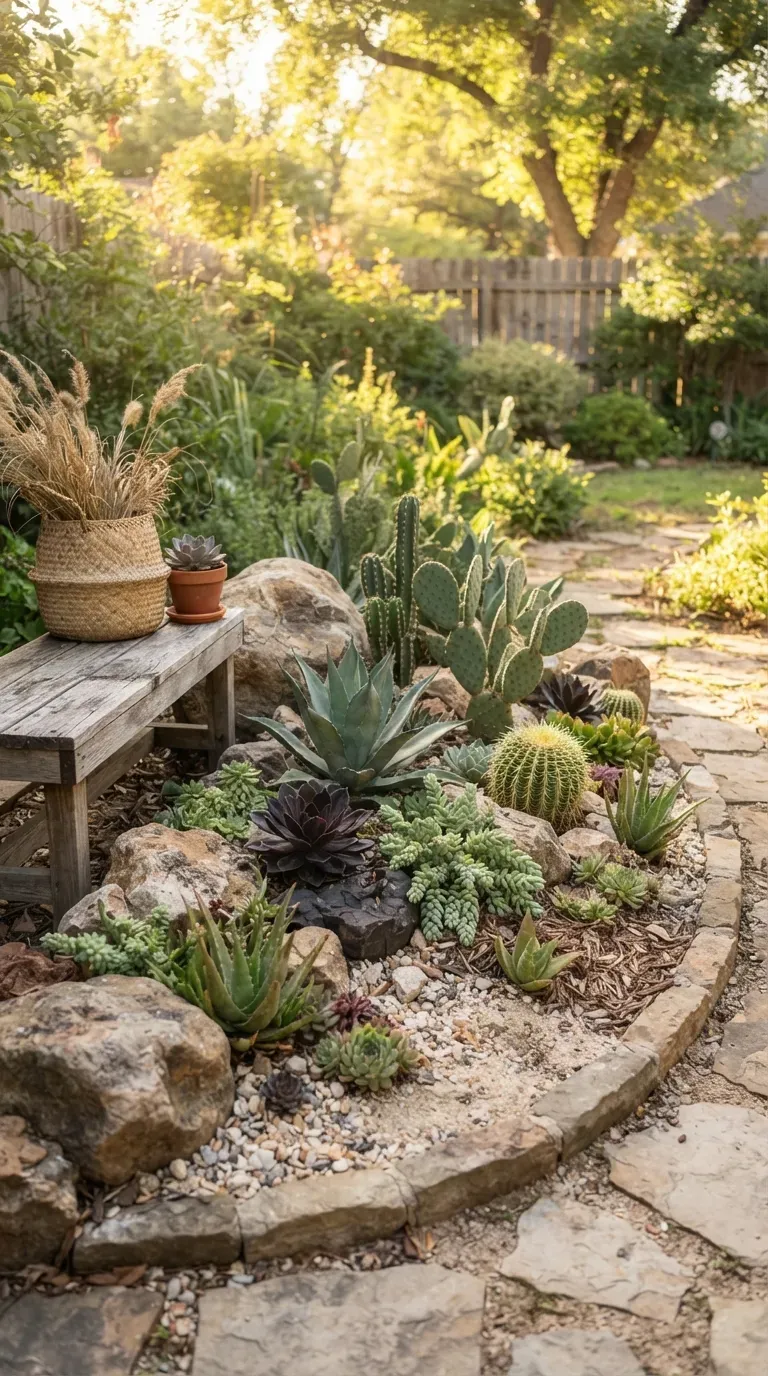 Mini desert rock garden with succulents, cactus, gravel, and warm natural stones.