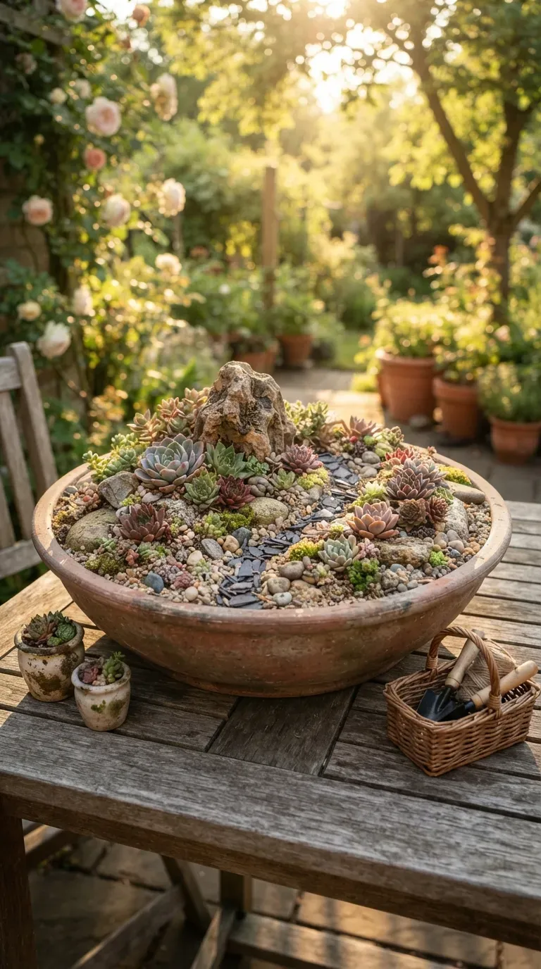 Small tabletop succulent rock garden with miniature plants, pebbles, and natural stones.