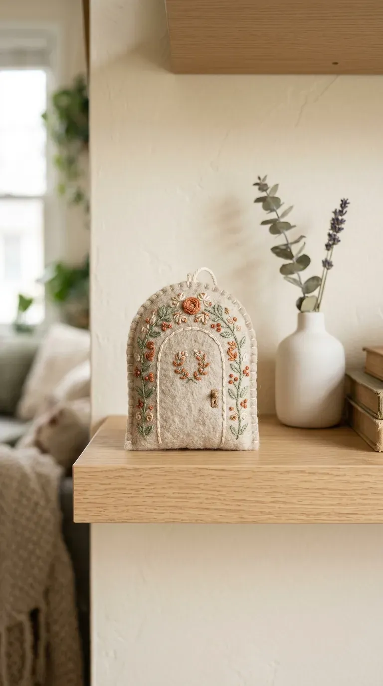 handcrafted oatmeal felt arched doorway ornament with embroidered floral vines on a wooden shelf
