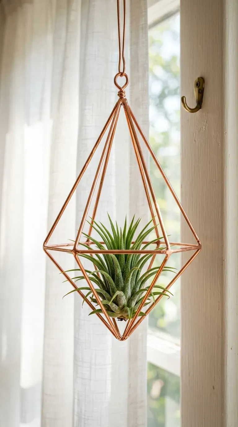delicate copper wire hanging cradle holding a green air plant against a sunny window