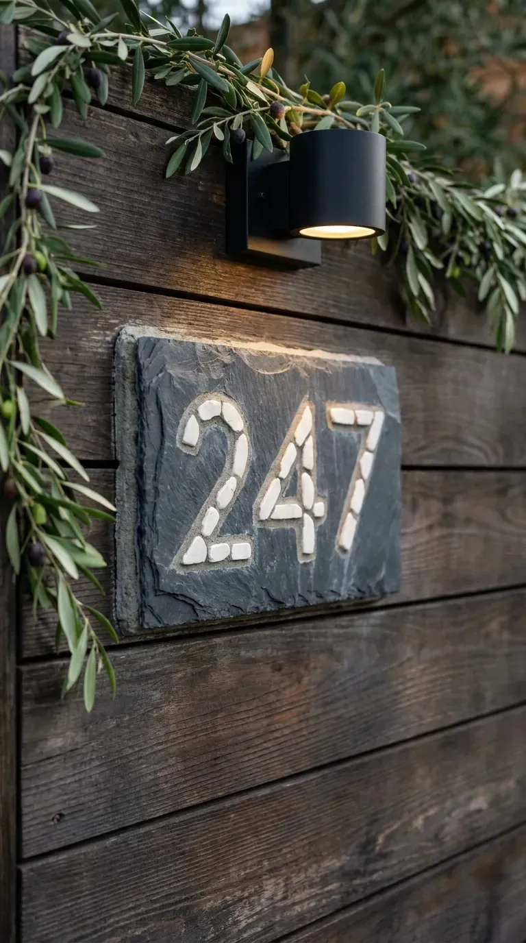 modern house number plaque with natural slate and white stone mosaic numbers