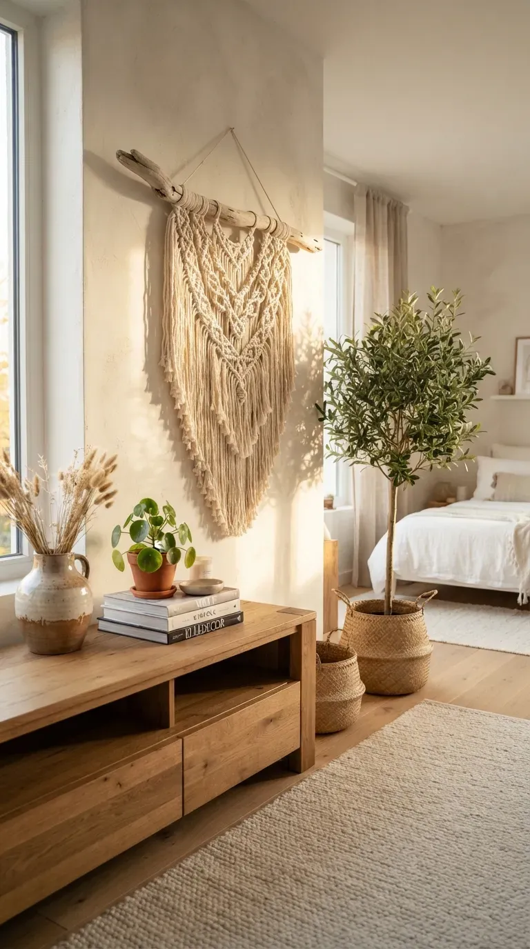 Minimalist circular macrame wall hanging with cream cord and simple fringe.