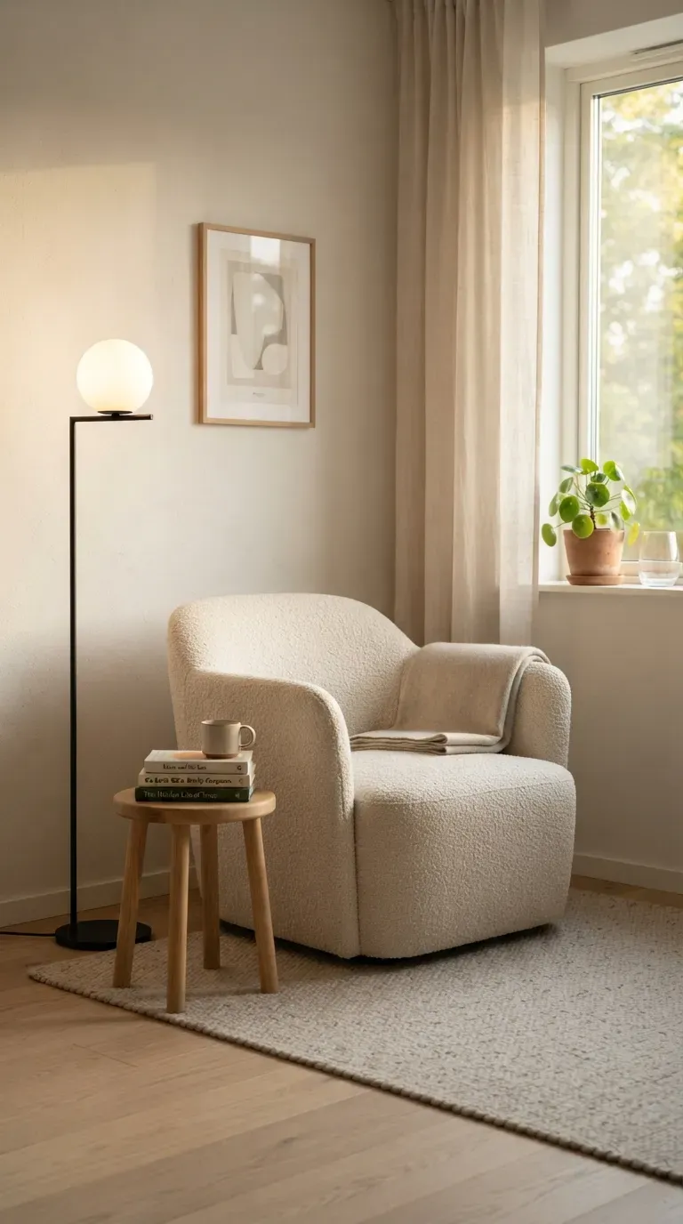 Minimalist reading nook with simple armchair wooden stool single lamp and one stack of books.