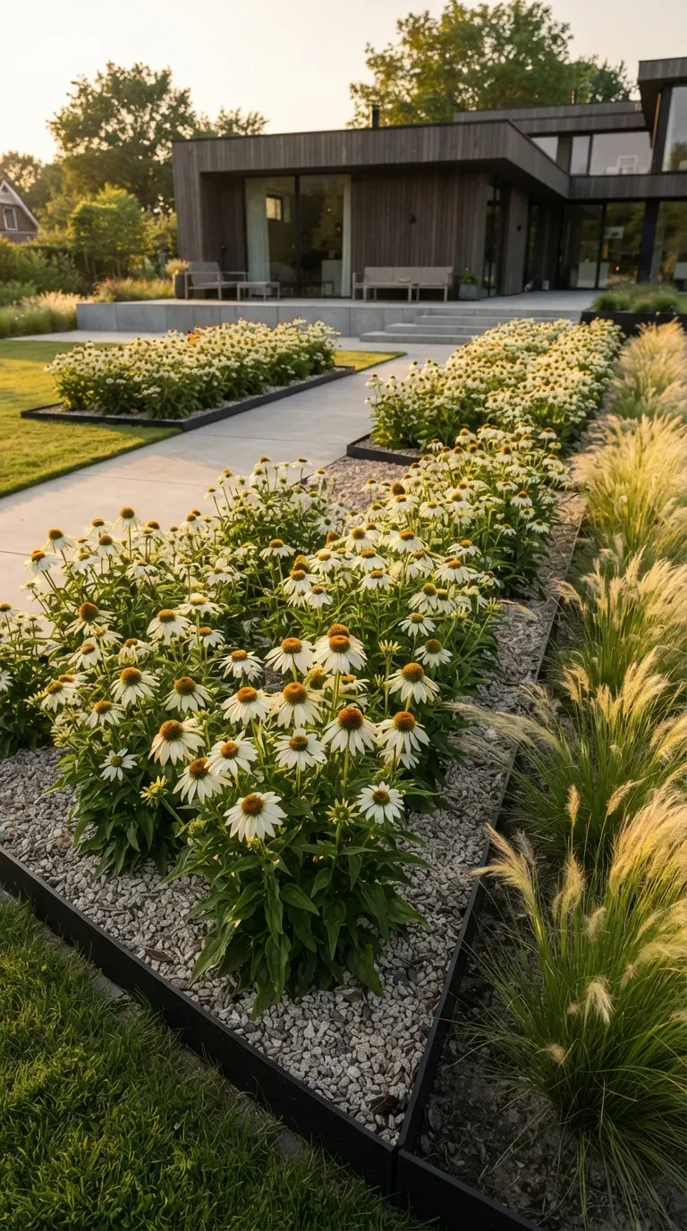 Garden displaying pink, white, yellow, and orange coneflowers blooming together.