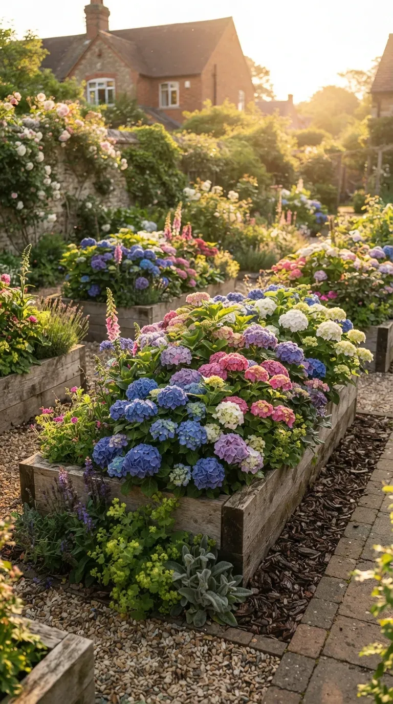 Garden displaying multiple colorful hydrangea varieties blooming together beautifully.