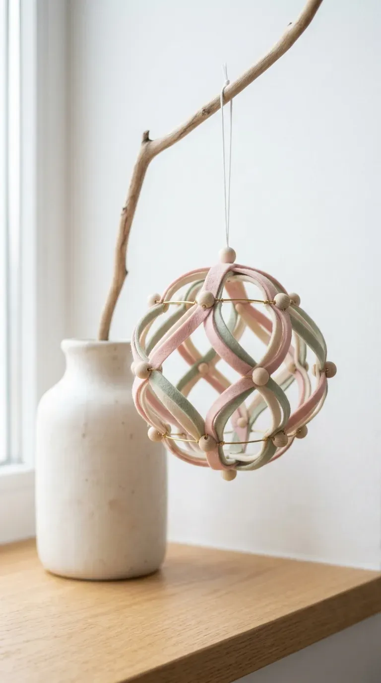 modern hollow globe ornament made from looped pastel felt strips hanging on a minimalist branch