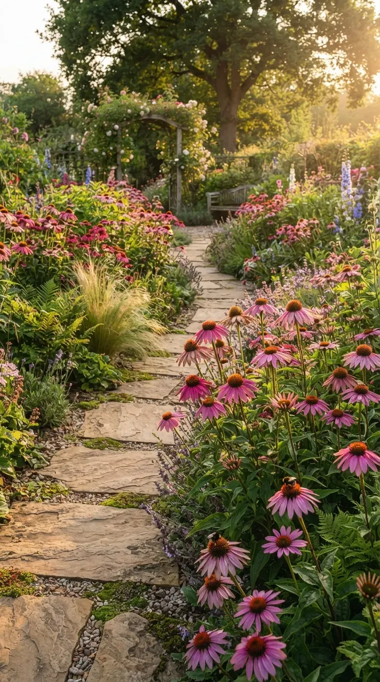 Modern minimalist landscape with white coneflowers and clean garden lines.