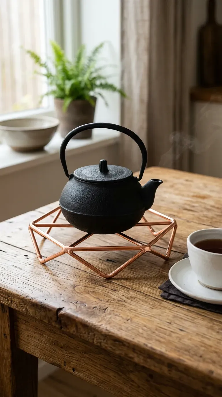 geometric hexagonal copper wire dining trivet supporting a cast iron teapot on a wooden table