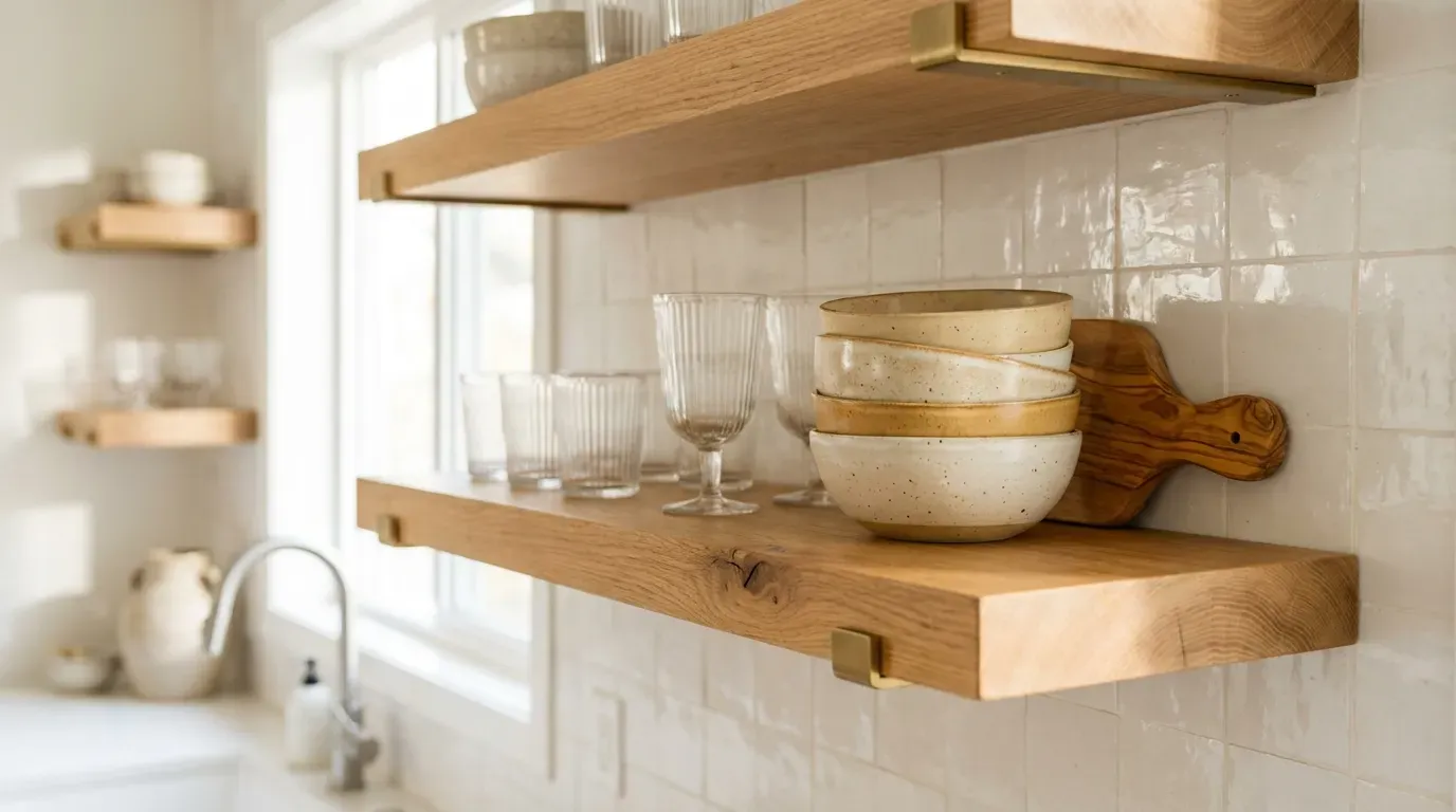 bright modern kitchen with floating oak open shelves displaying ceramic dishes and glassware