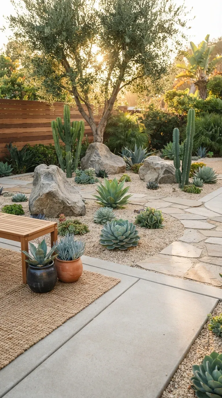 Modern minimalist rock garden with sculptural succulents, pale gravel, and large boulders.