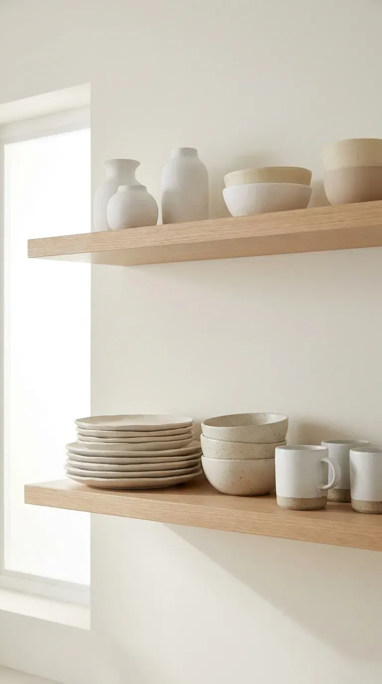 open kitchen shelving with neat stacks of monochromatic cream and beige stoneware plates