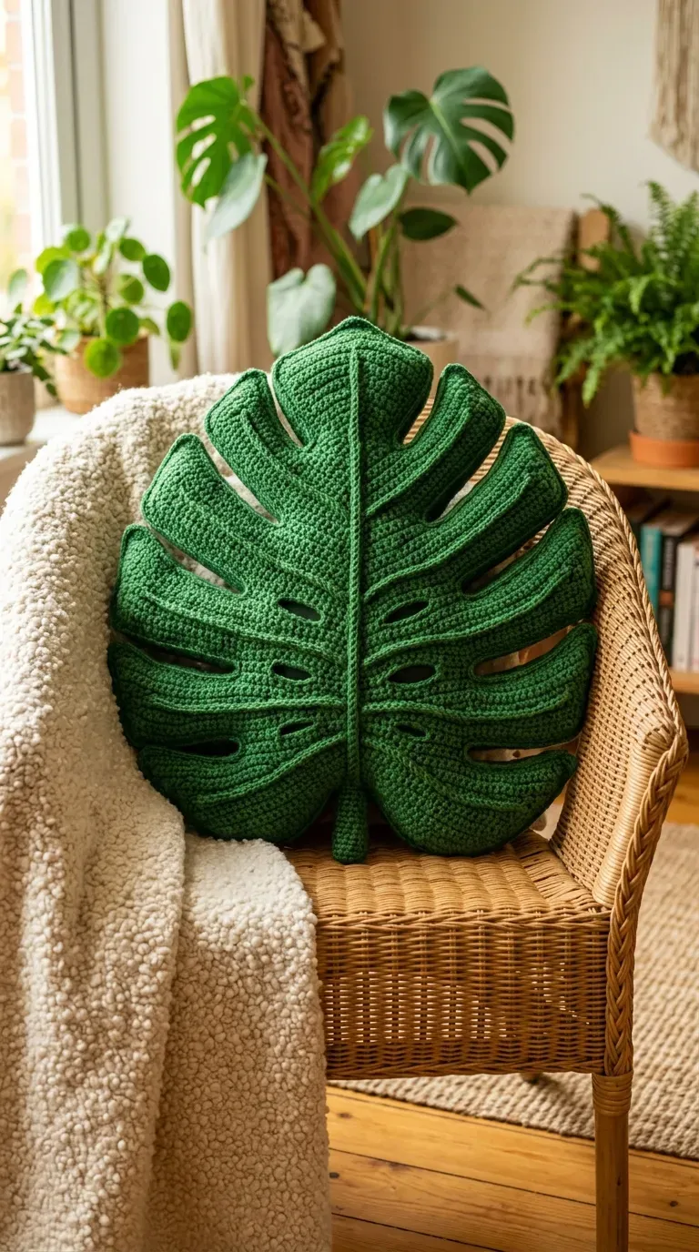 large kelly green monstera leaf shaped crochet pillow resting on a modern rattan armchair