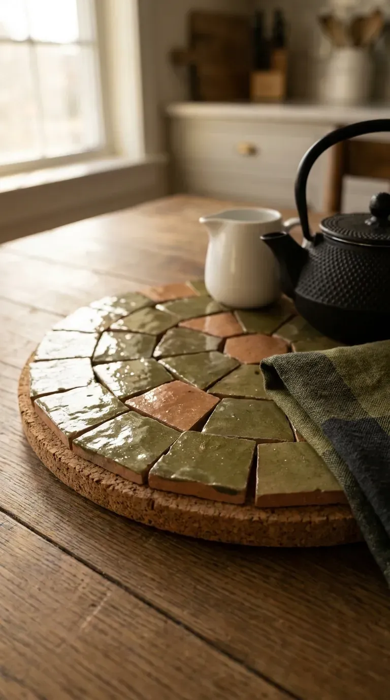 round cork trivet topped with glossy olive green handcrafted zellige mosaic tiles