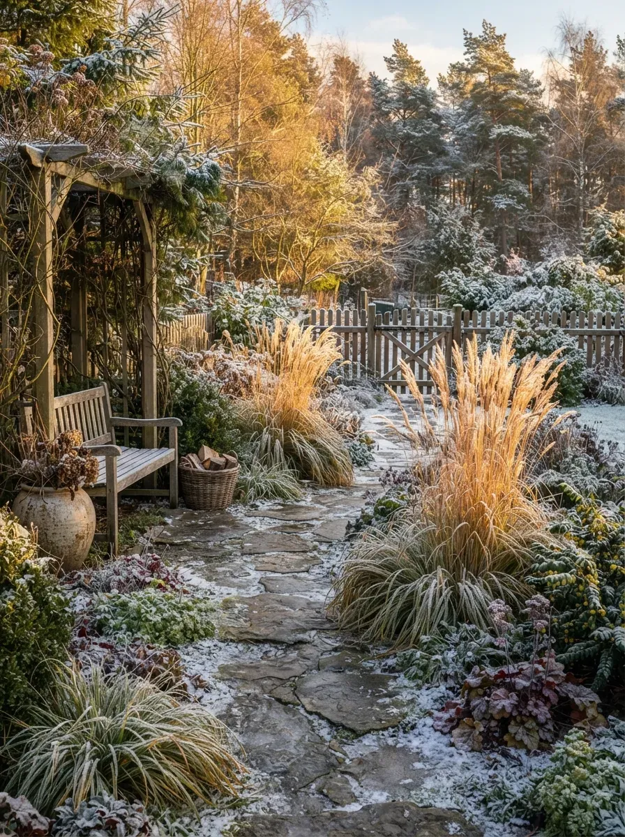 Well-mulched perennial garden bed protected for winter beside natural stone edging.