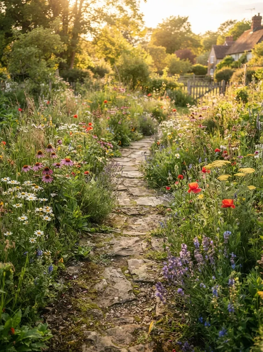 Native-style wildflower garden filled with hardy flowers ornamental grasses and natural stone.