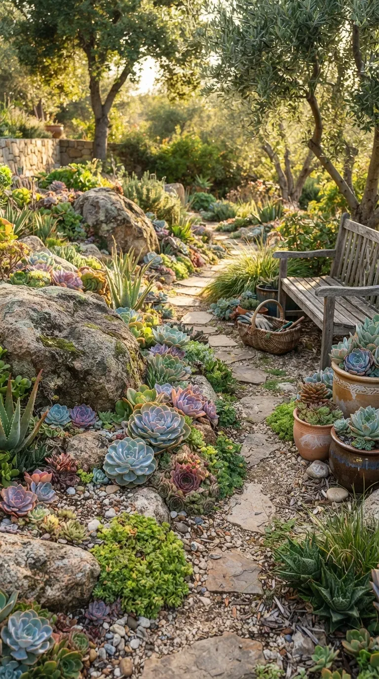 Natural boulder garden filled with colorful succulents, gravel, and layered desert plants.