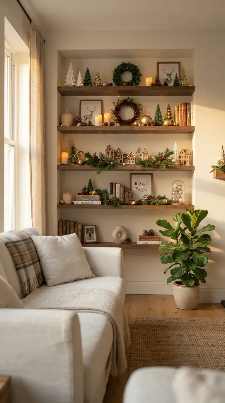 Natural Christmas centerpiece with evergreen branches pinecones candles and seasonal greenery.