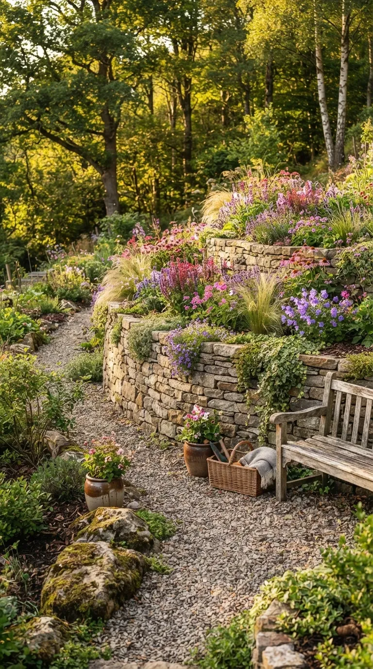 Elegant natural stone retaining wall supporting colorful terraced hillside garden beds.