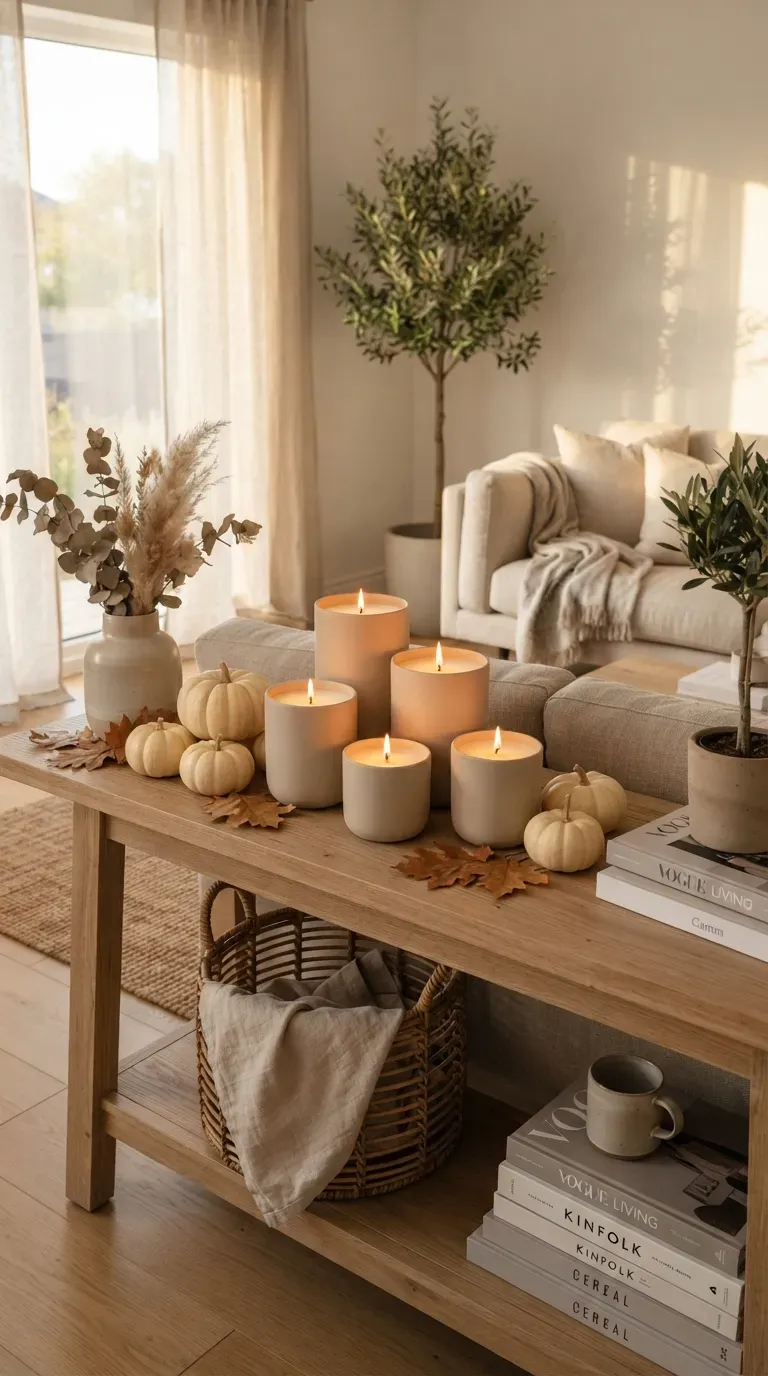 Elegant beige fall candles styled with pumpkins dried leaves and neutral home accessories.
