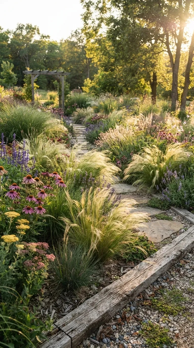 Hardy ornamental grasses swaying naturally in a sunny wind-resistant garden.