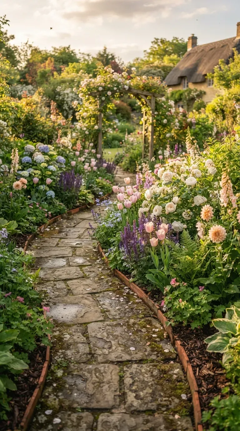 Elegant garden pathway lined with soft pastel flowers in bloom.
