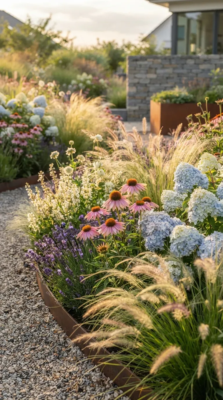 Soft pastel flowers growing beside flowing ornamental grasses in a modern garden.