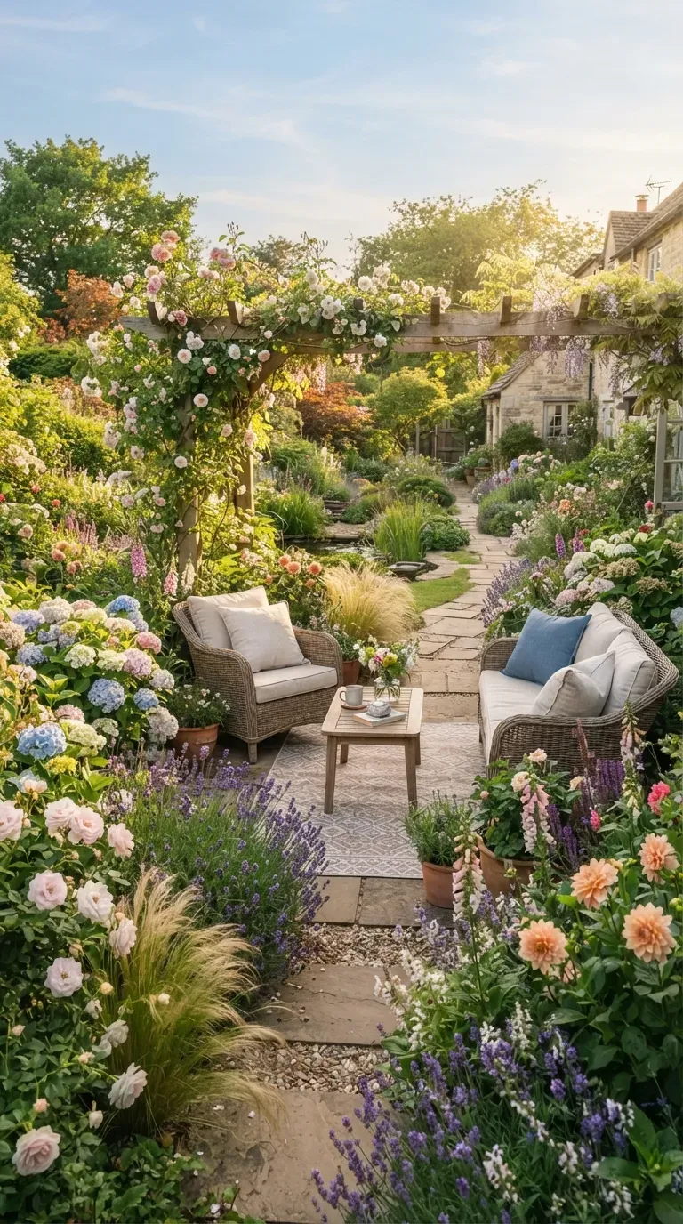 Cozy backyard patio surrounded by blooming pastel flowers and greenery.