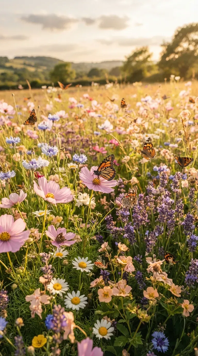 Dreamy wildflower meadow blooming with soft pastel-colored flowers.