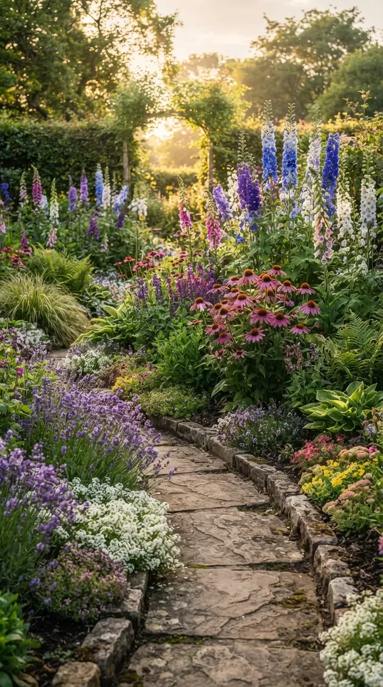 Raised vegetable garden bed surrounded by colorful perennial flowers and lush greenery.