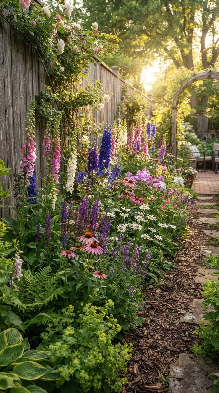 Lush perennial flower border growing along wooden fence with colorful seasonal blooms.