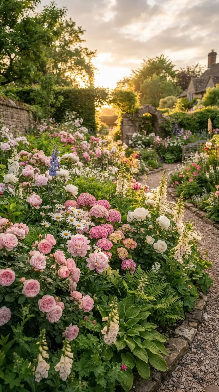 Elegant pink and white flower garden with roses, hydrangeas, and lush greenery.