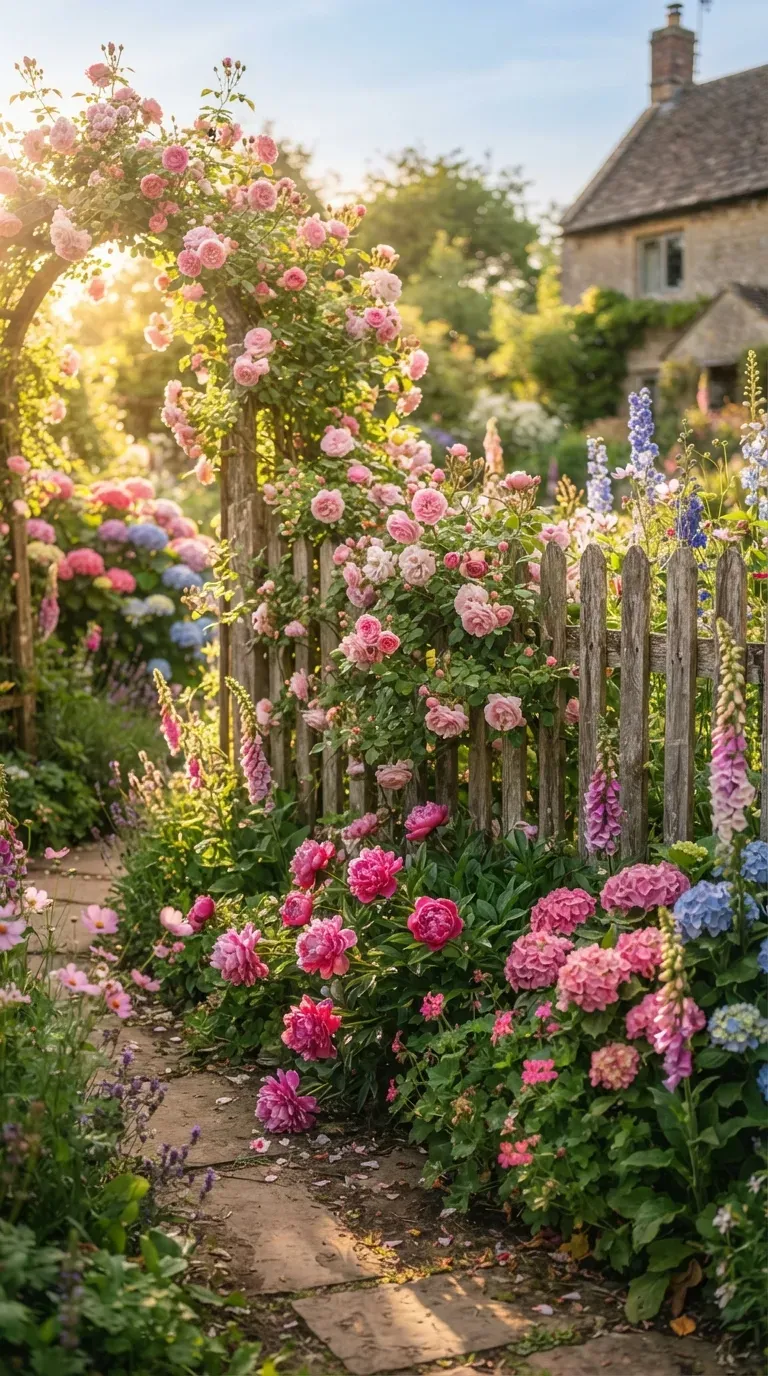 Garden fence surrounded by climbing roses and colorful pink flowering plants.