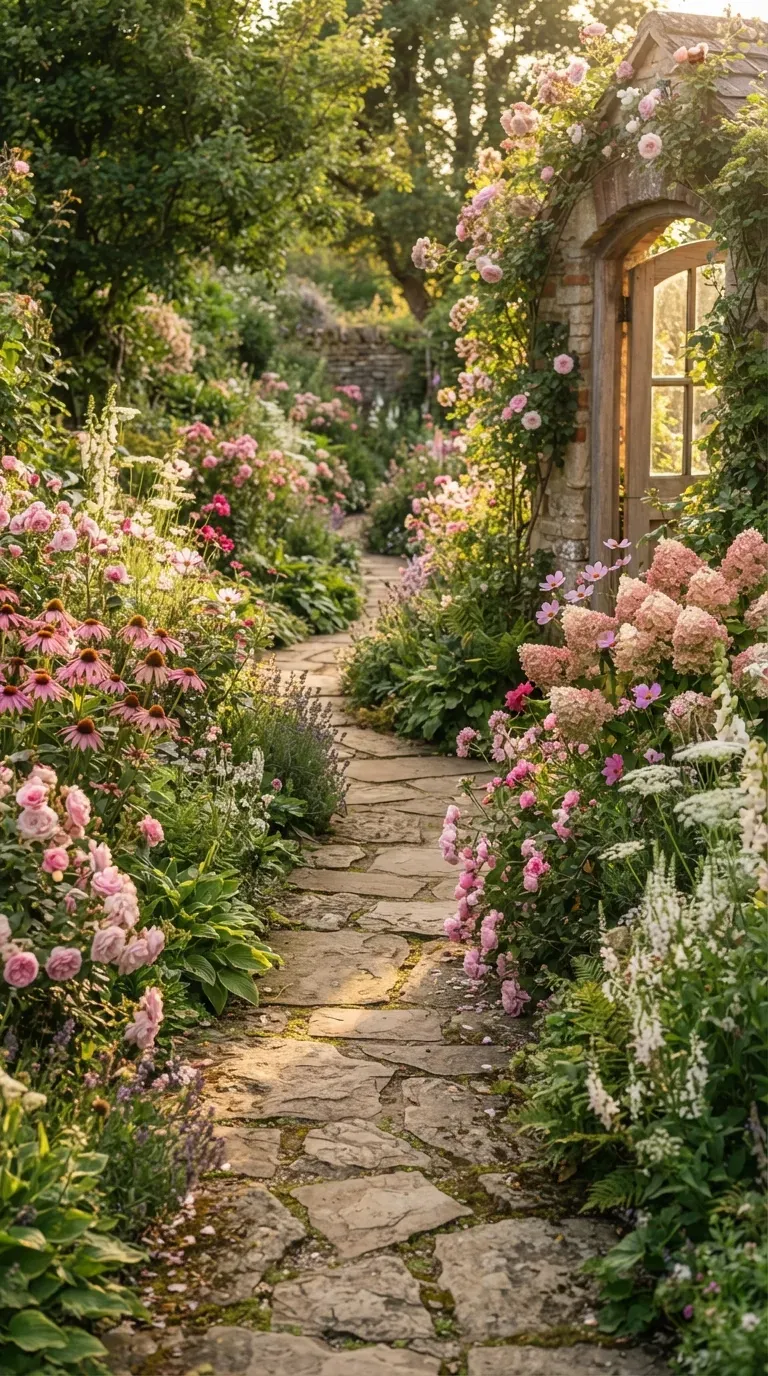 Stone garden path lined with blooming pink flowers and lush green plants.