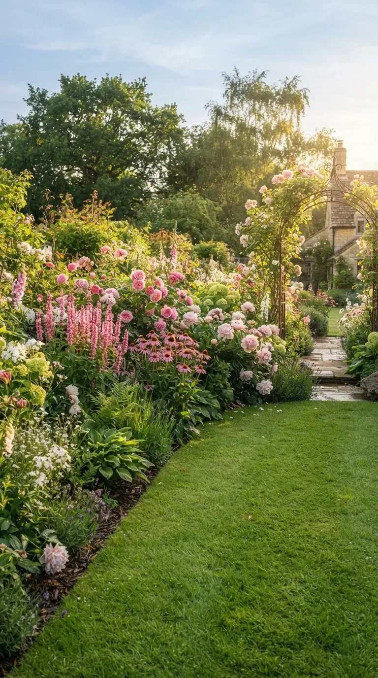 Lush green lawn surrounded by colorful pink flowers and layered garden beds.
