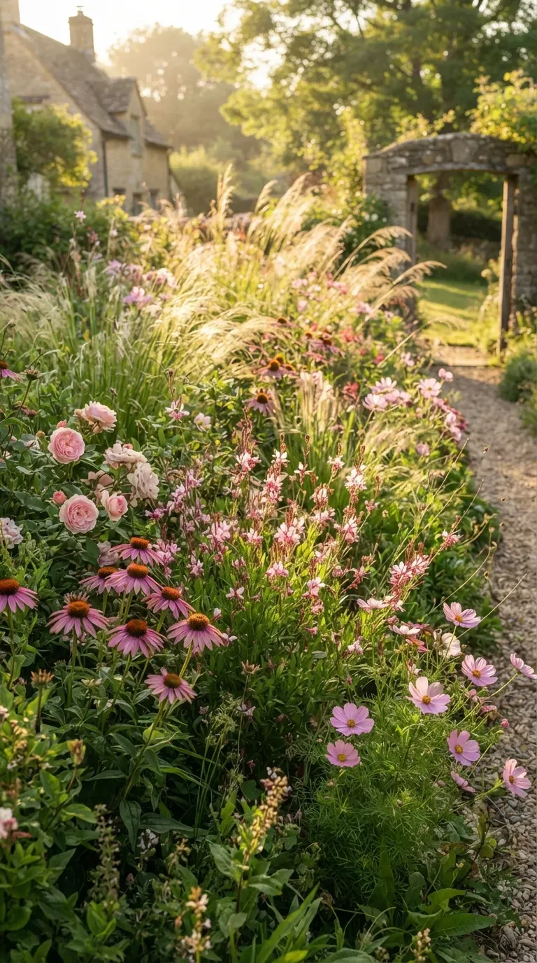 Pink flowering plants growing among tall ornamental grasses in a modern garden.
