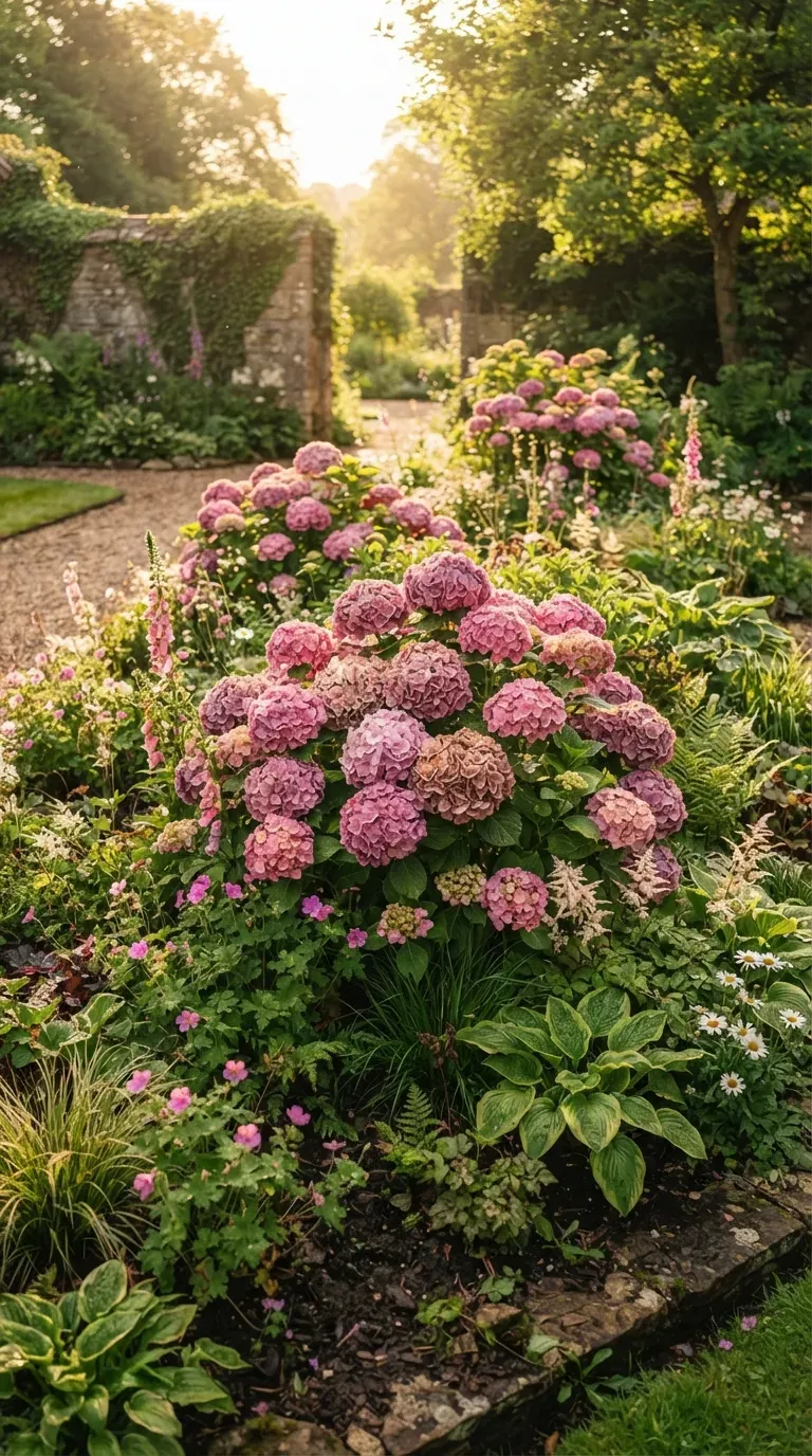 Large pink hydrangea shrubs creating a colorful garden bed beside green foliage.