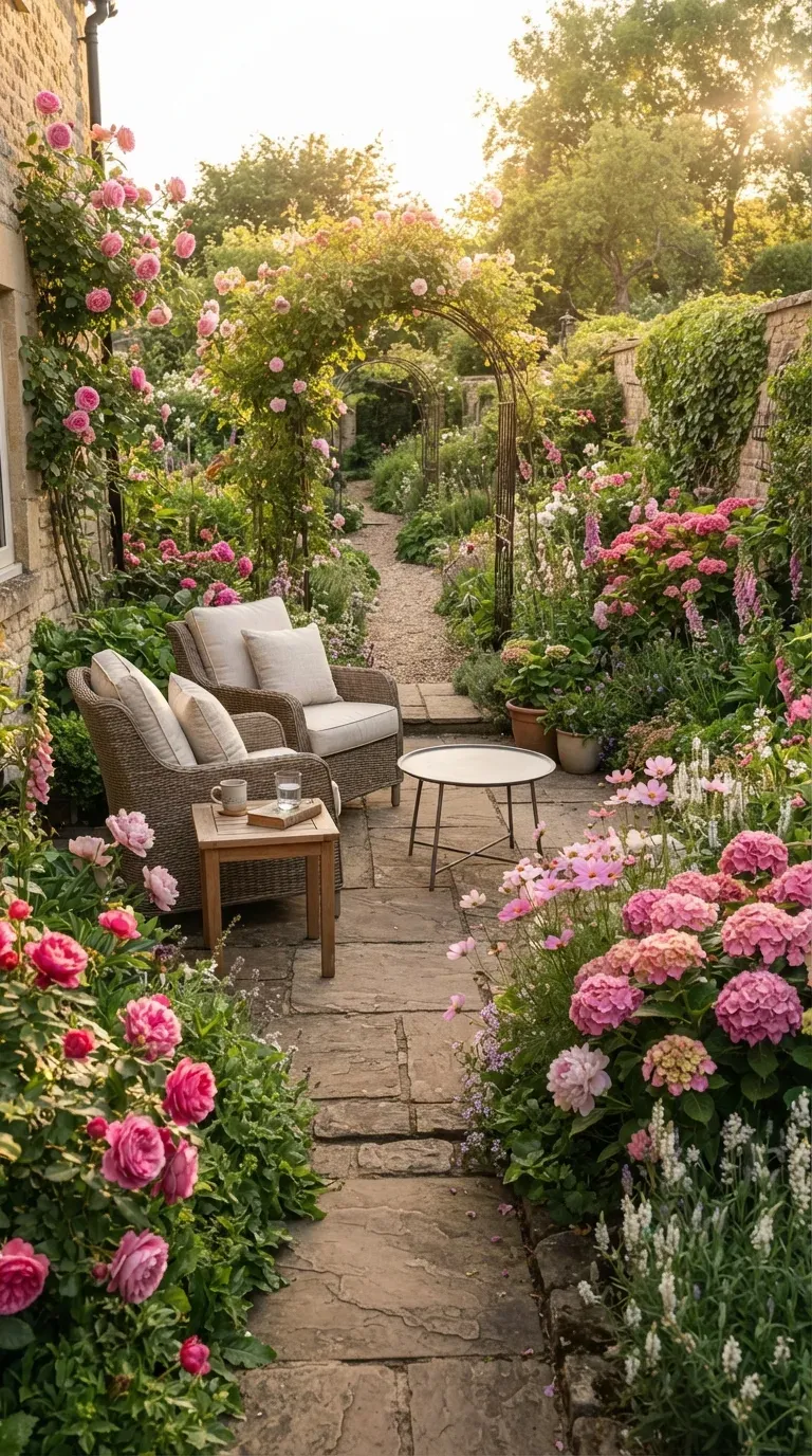 Cozy patio surrounded by blooming pink flowers, green foliage, and garden plants.