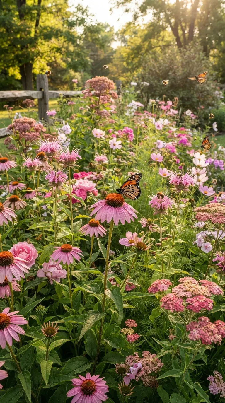 Pink flower garden filled with coneflowers, bee balm, roses, and butterflies.