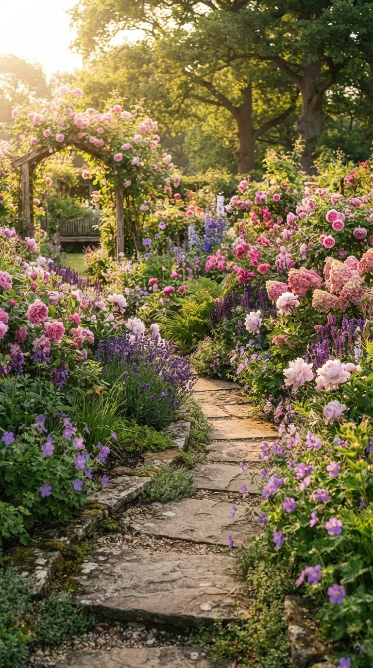 Dreamy garden filled with pink roses, purple lavender, hydrangeas, and colorful blooms.