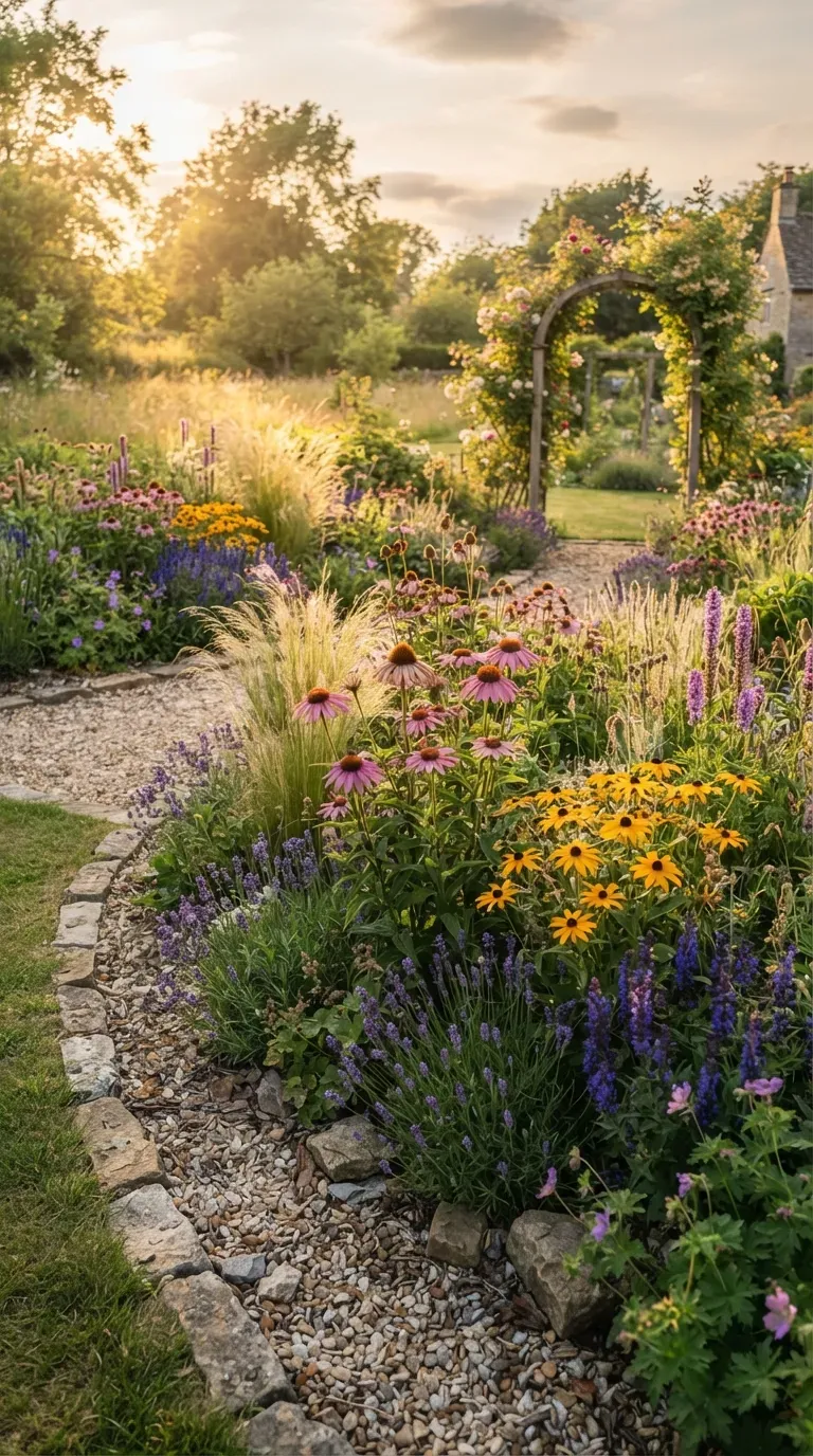 Pink and purple perennial flowers arranged in lush layered garden beds with green foliage.