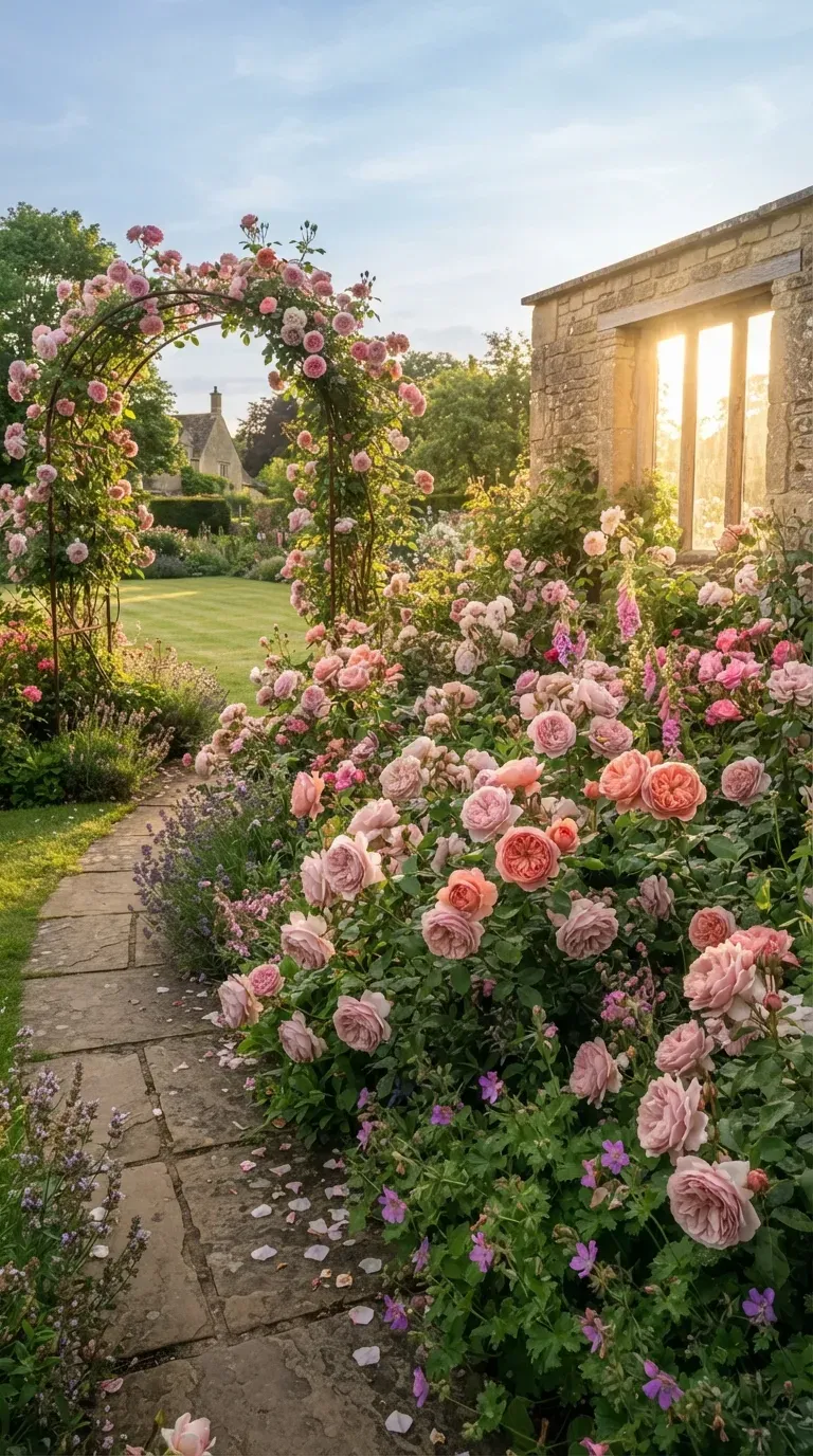 Elegant garden filled with pink roses surrounding a lush green lawn and pathway.
