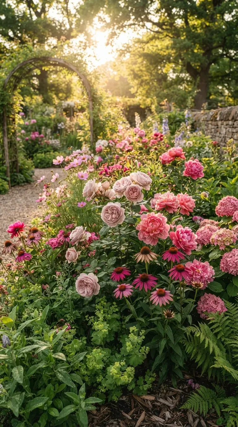 Pink flowers blooming beneath mature trees with lush green foliage and garden pathways.