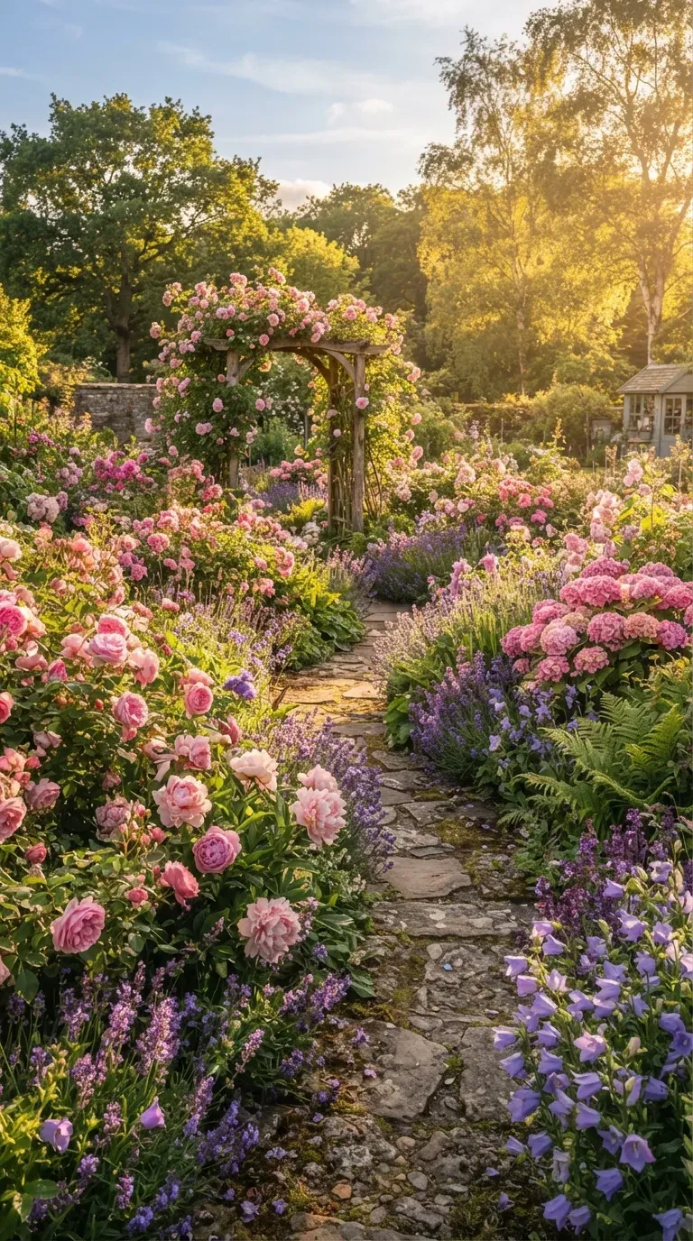 Vertical garden wall covered with pink climbing flowers and lush green plants.