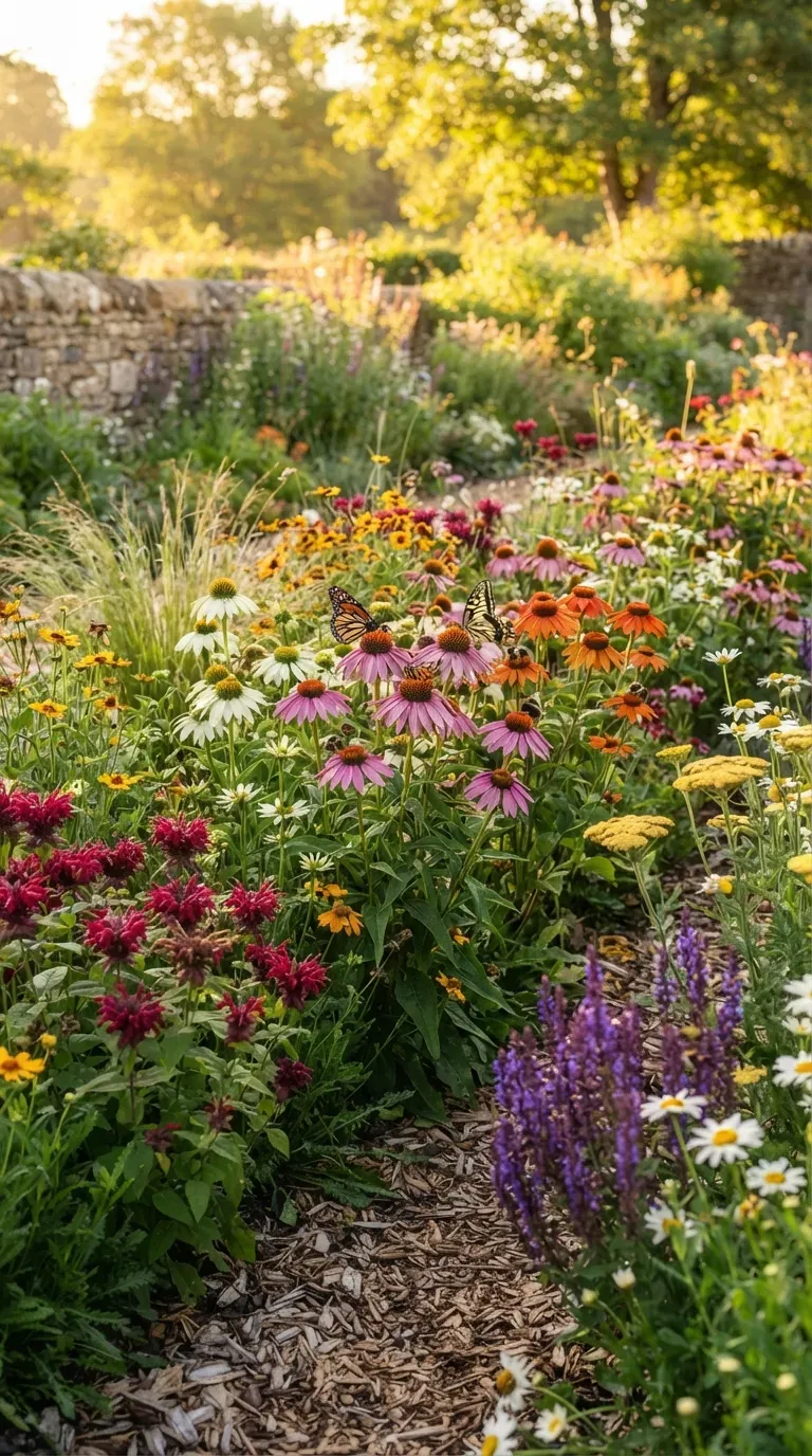 Bright coneflower flower bed attracting butterflies, bees, and colorful garden pollinators.
