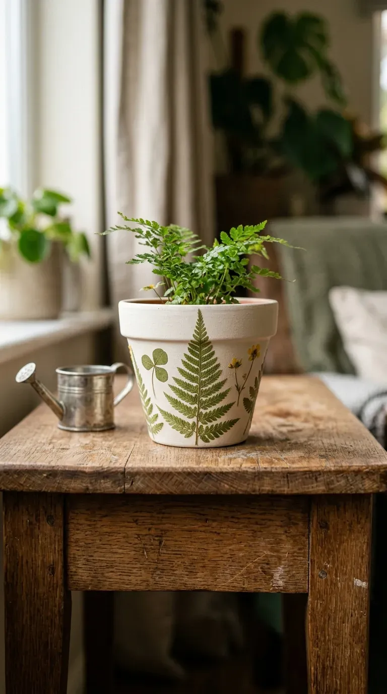 creamy white terracotta pot decorated with pressed dried fern leaves and wildflowers