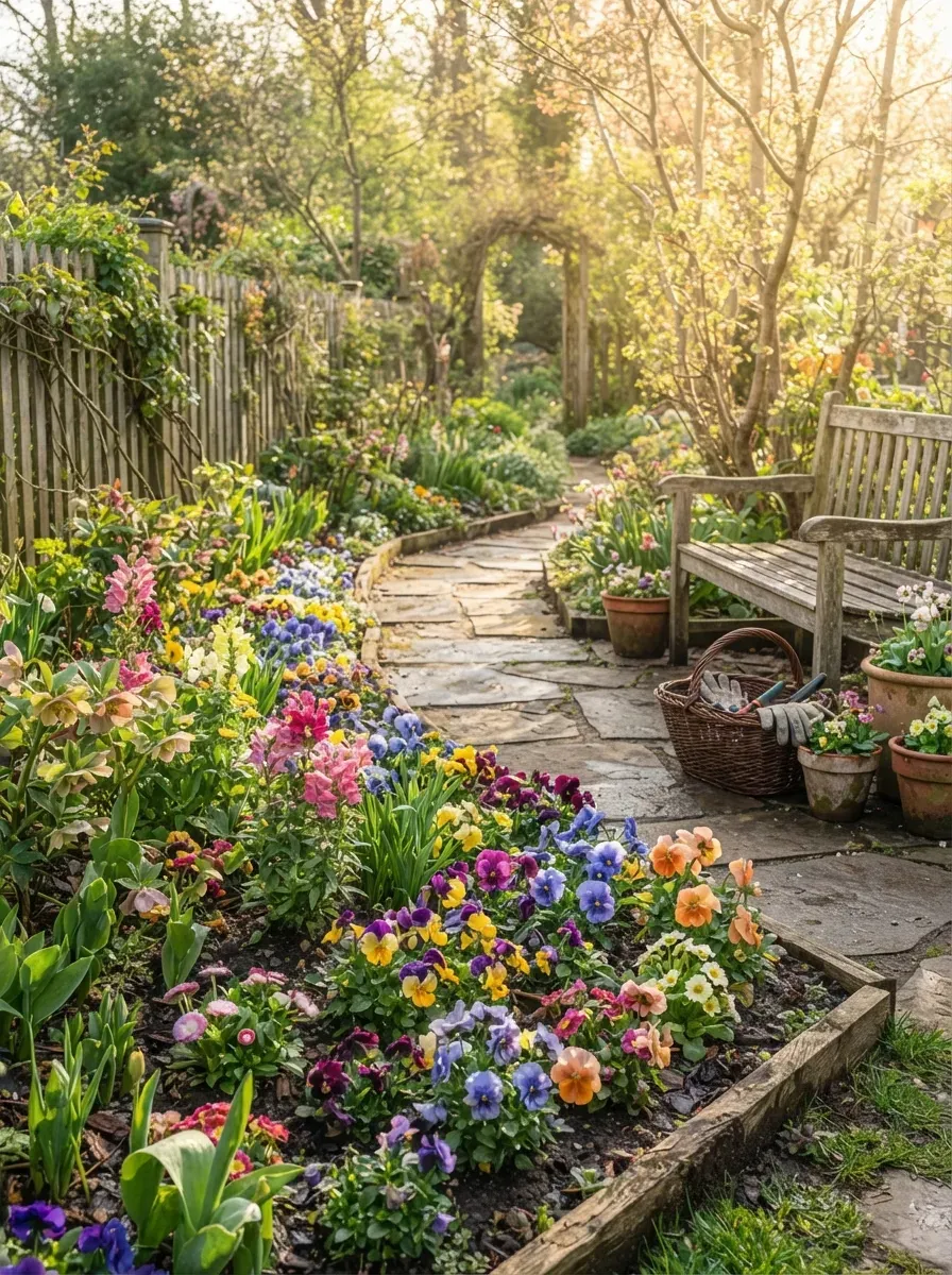 Cozy protected container garden with hardy plants beside sheltered wooden wall.